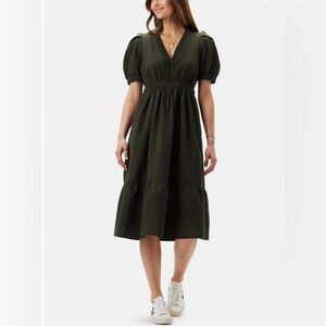 Amour Vert Danielle Olive Green Cotton Linen Midi Dress